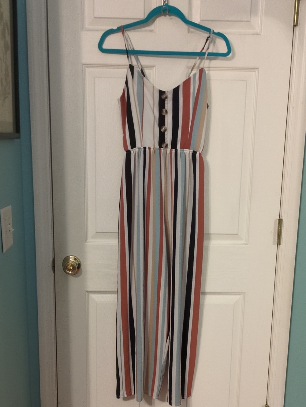 Liberty Love Striped Sleeveless Jumpsuit in White, Rust, Black, Blue